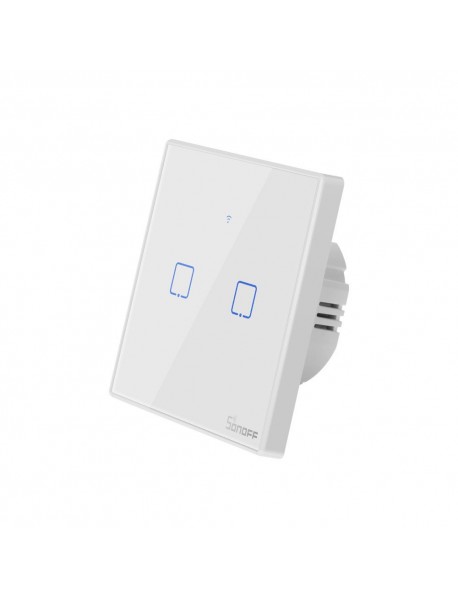 Sonoff Intrerupator inteligent simplu cu touch Sonoff T2EU2C TX, Wi-Fi, 2 canale, compatibil Amazon Alexa si Google Assistant, sticla, Alb
