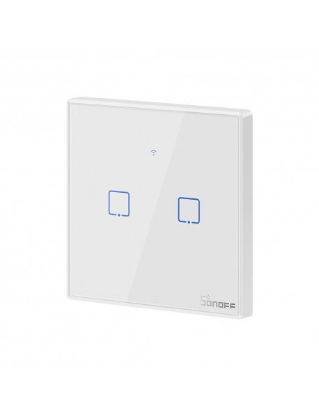 Sonoff Intrerupator inteligent simplu cu touch Sonoff T2EU2C TX, Wi-Fi, 2 canale, compatibil Amazon Alexa si Google Assistant, sticla, Alb