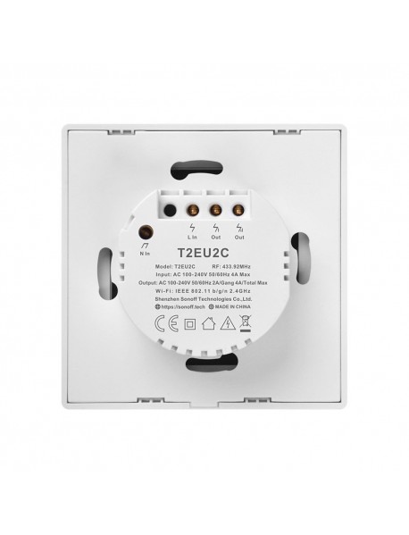 Sonoff Intrerupator inteligent simplu cu touch Sonoff T2EU2C TX, Wi-Fi, 2 canale, compatibil Amazon Alexa si Google Assistant, sticla, Alb