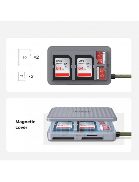 Ugreen - Card Reader (55886) - Type-C to 2x SD, TF Card, Dual Connector, 170MB/s, Plug&Play, Built-in Cable - Grey