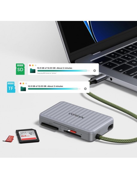 Ugreen - Card Reader (55886) - Type-C to 2x SD, TF Card, Dual Connector, 170MB/s, Plug&Play, Built-in Cable - Grey