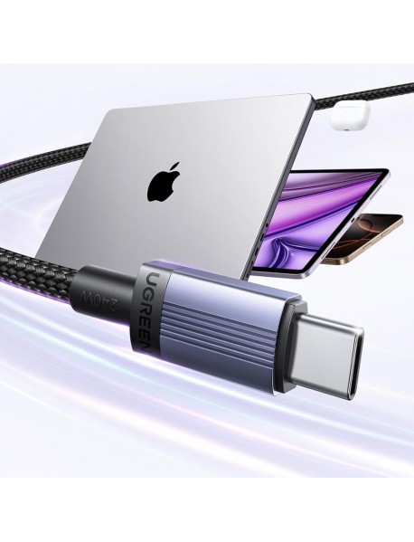 Ugreen - Data Cable (65907) - Type-C to Type-C, Fast Charging, 240W, 5A, 480Mbps, Nylon Braided, 1m - Gray Ugreen - Data Cable (65907) - Type-C to Type-C, Fast Charging, 240W, 5A, 480Mbps, Nylon Braided, 1m - Gray